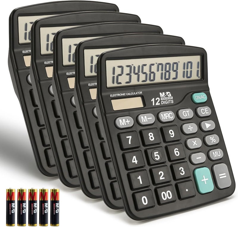MG Desk Calculator 12 Digit Office Calculators with Large LCD Display, Dual Solar Power and Battery, Recessed Big Button Calculator for Office Home (Black, Pack of 5) - Image 1